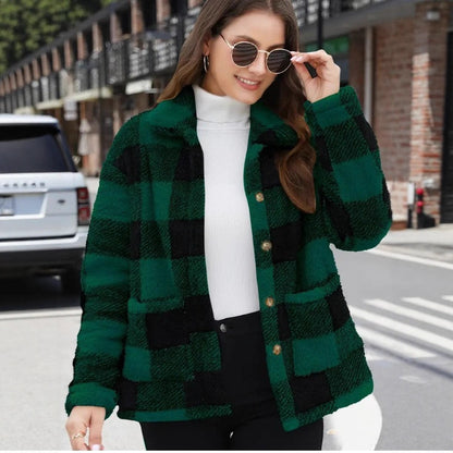 Plaid Teddy Fleece Button Front Sherpa Jacket