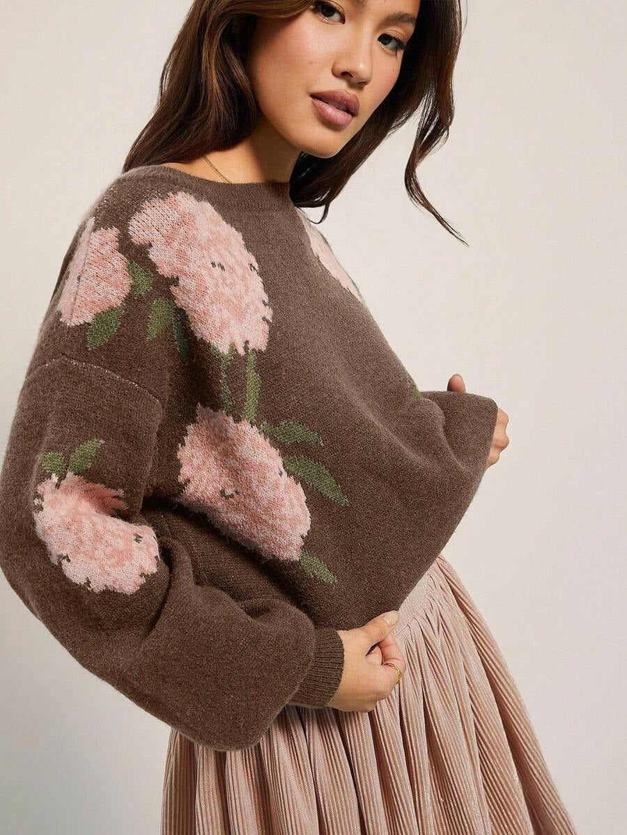 Women's Oversized Floral Crew Neck Knit Sweater
