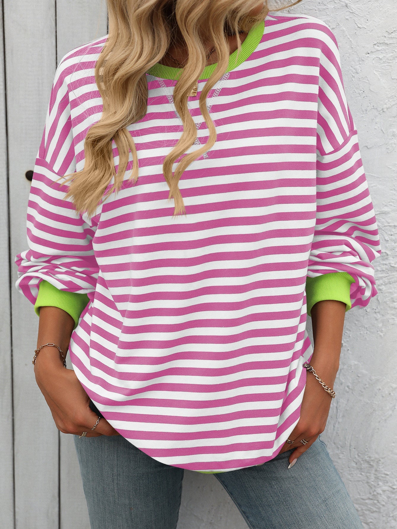 Striped Crew Neck Sweatshirt Loose Fit Casual Sweater for Woman