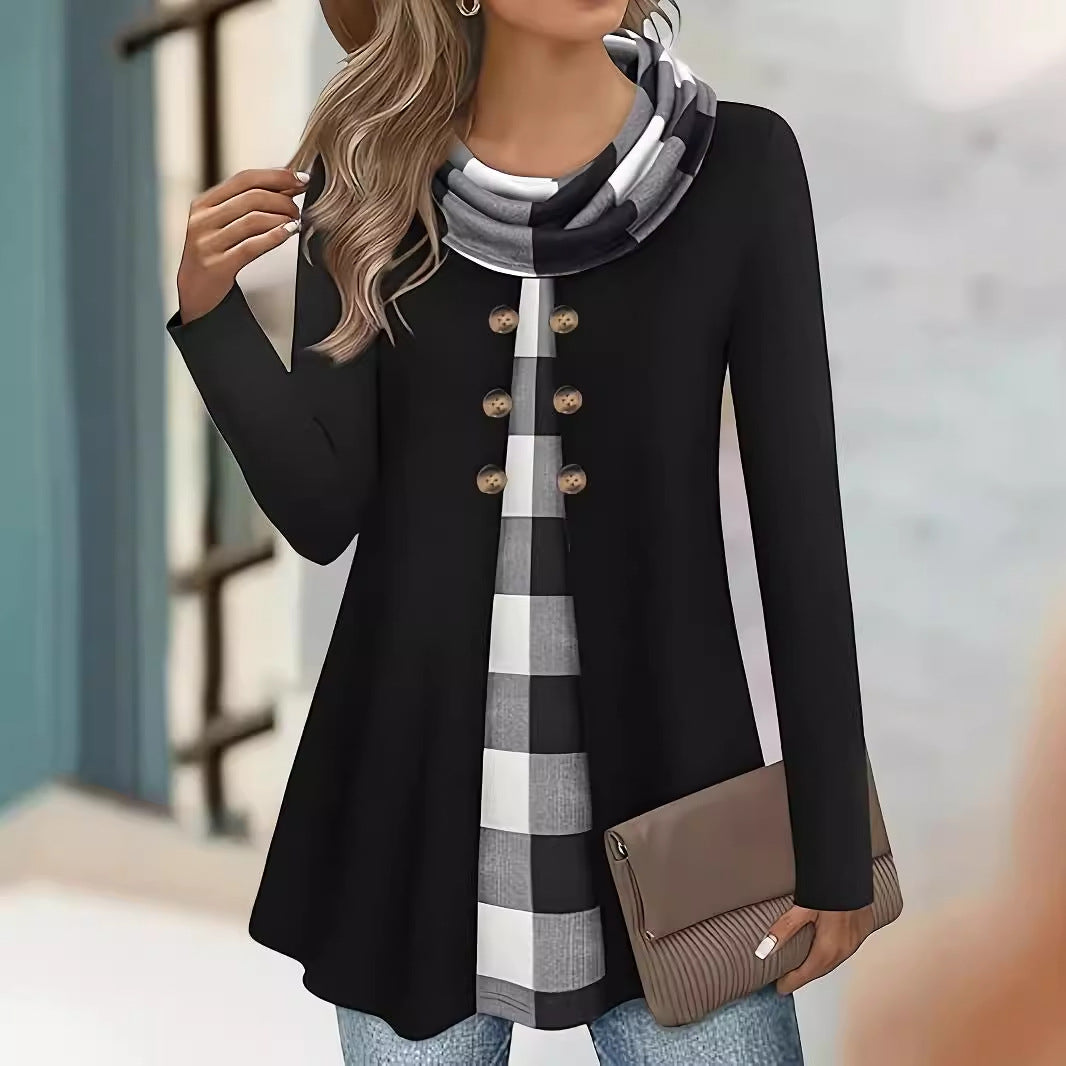 Women's Plaid Cowl Neck Tunic Sweatshirt Buttons