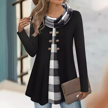 Women's Plaid Cowl Neck Tunic Sweatshirt Buttons