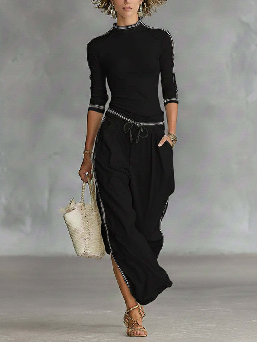 Women's Mock Neck 2 Piece Set Striped Wide Leg Pants