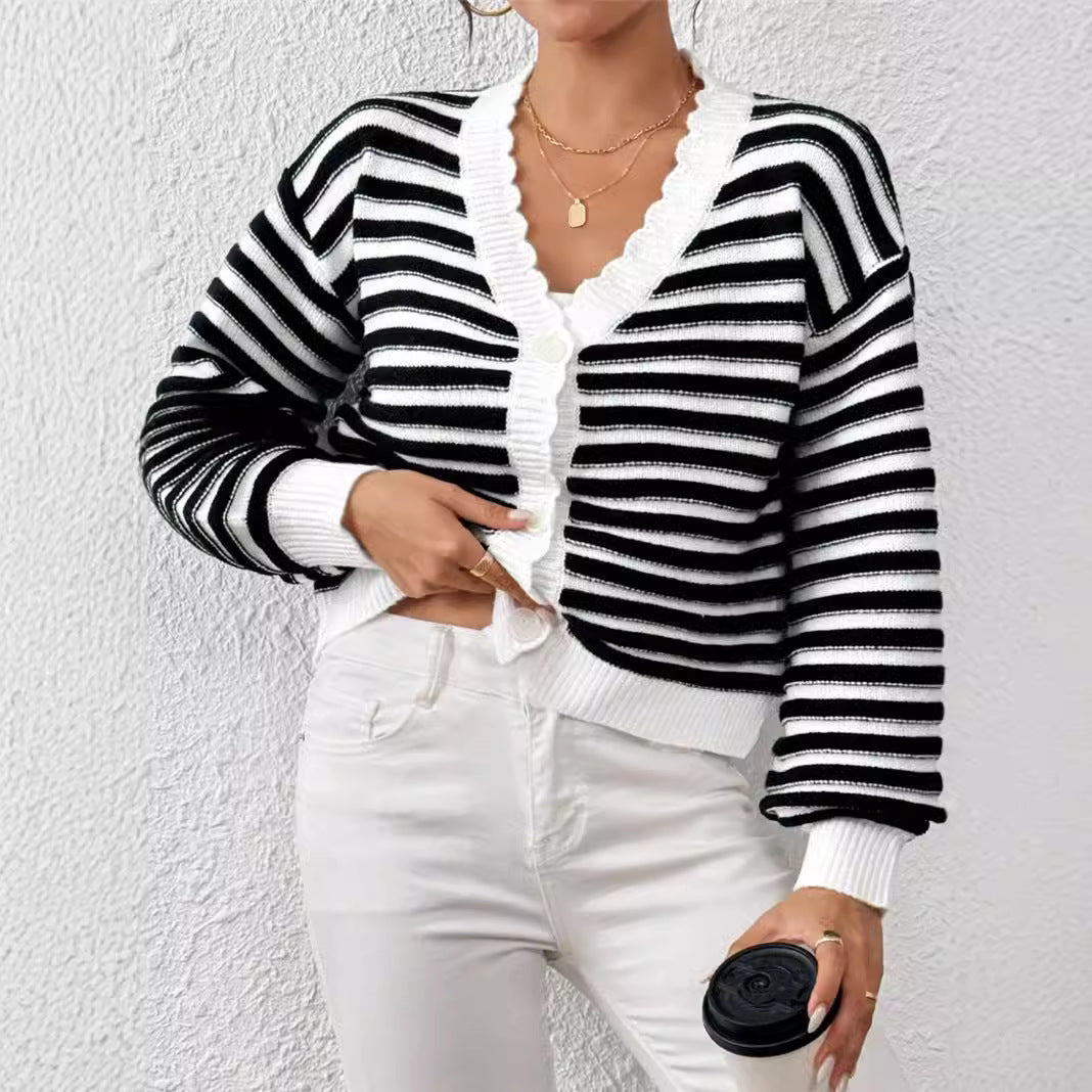 Rainbow Striped V-Neck Balloon Sleeve Cardigan