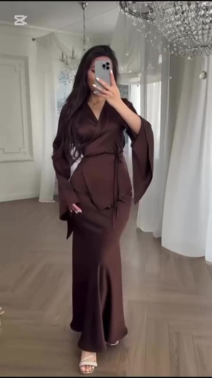 Satin Wrap Belted Long Sleeve Maxi Dress Set
