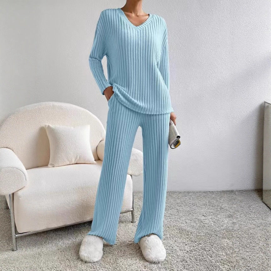 Women's 2 Piece Ribbed Knit V Neck Wide Leg Pants Set