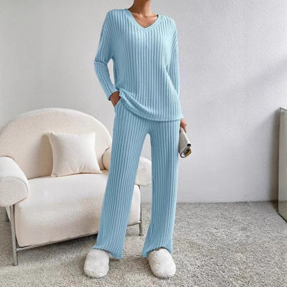 Women's 2 Piece Ribbed Knit V Neck Wide Leg Pants Set