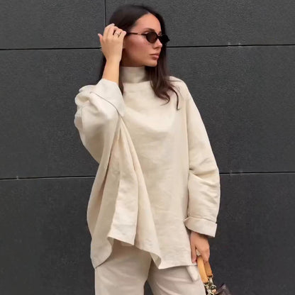 Women's Oversized Linen Blend Long Sleeve Tunic Top