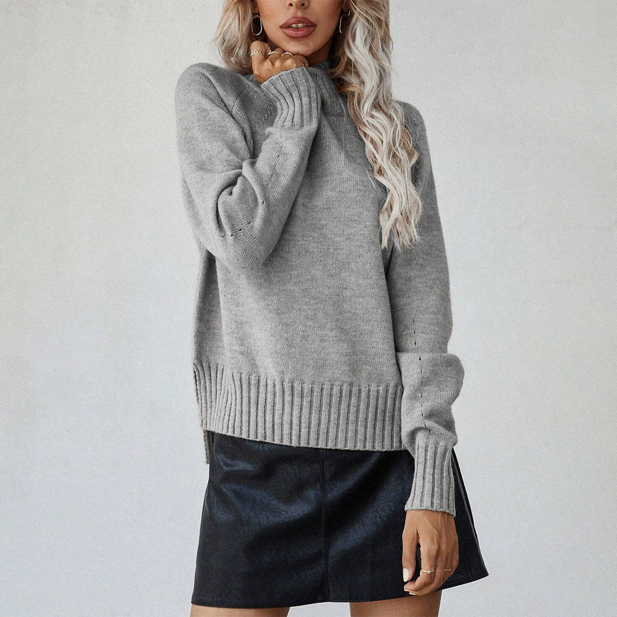 Women's Ribbed Turtleneck Sweater Side Slit Long Sleeve