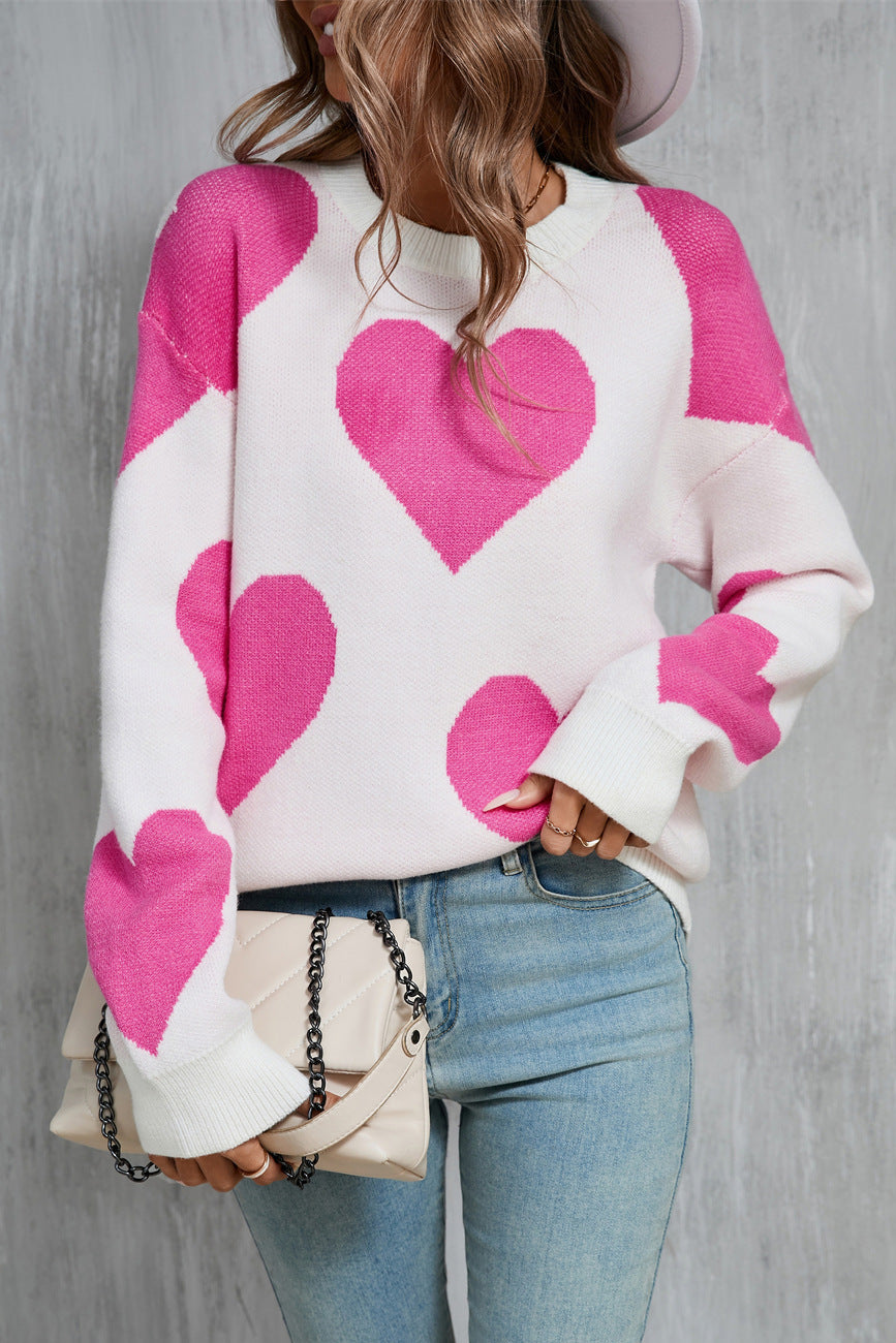 Valentine Heart Knit Sweater Pink Red Pullover Top