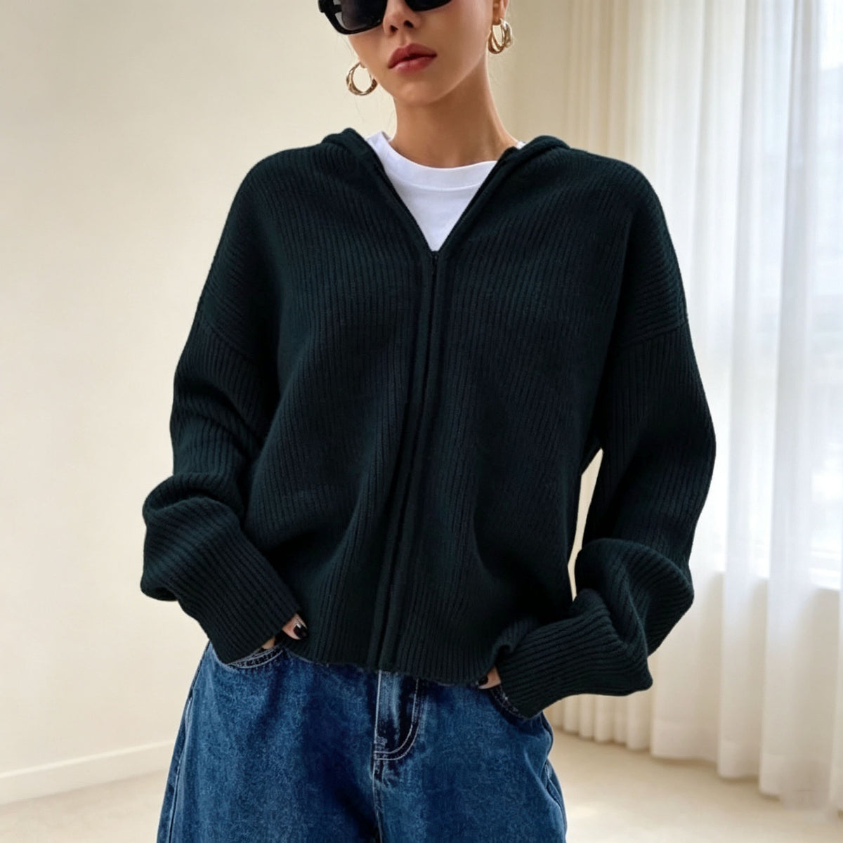 Women's Hooded Ribbed Zip Up Cardigan Sweater