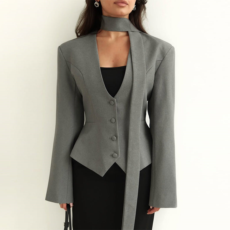 Women's Scarf Neck V-Neck Slim Fit Blazer Long Sleeve