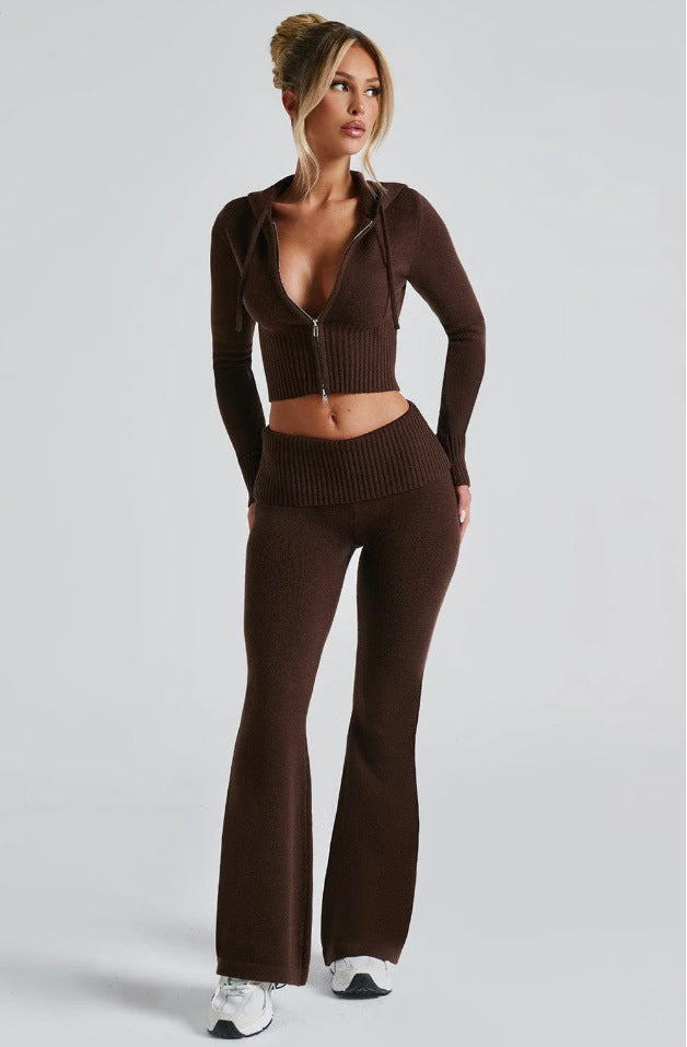 Women's 2 Piece Knit Hoodie Crop Top Pants Set