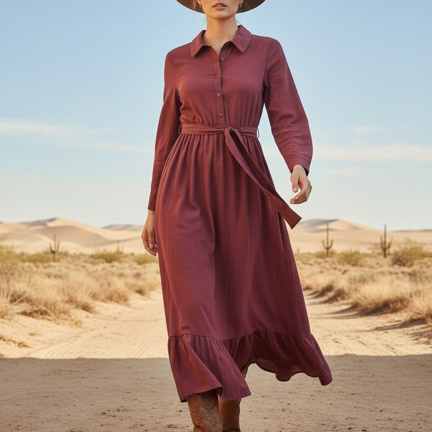 Boho Cotton Linen Maxi Shirt Dress Long Sleeve Button Down