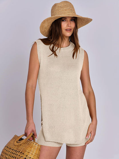 Casual Knit Sleeveless Sweater & Shorts Set