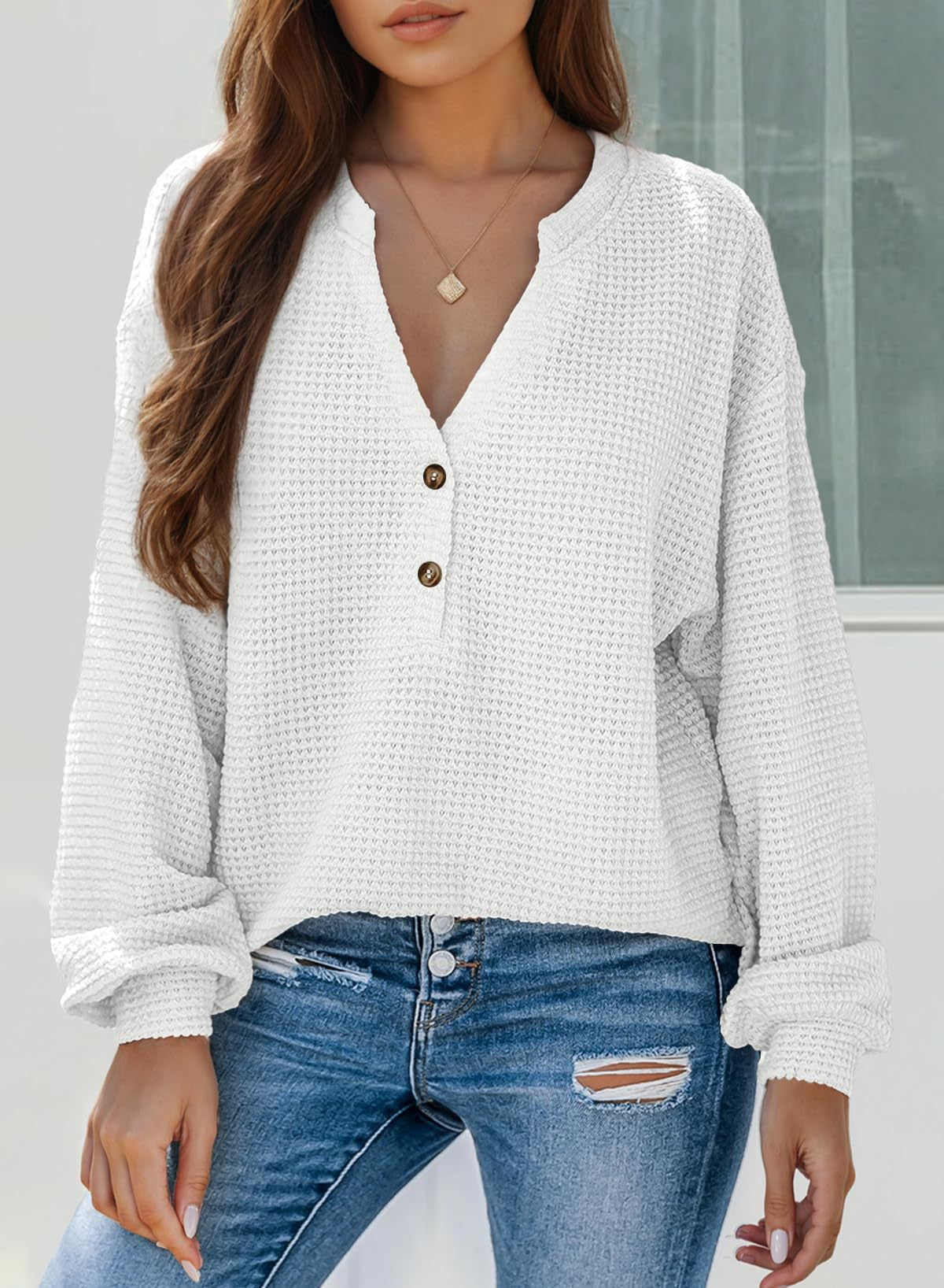Women's Waffle Knit Long Sleeve Henley Top