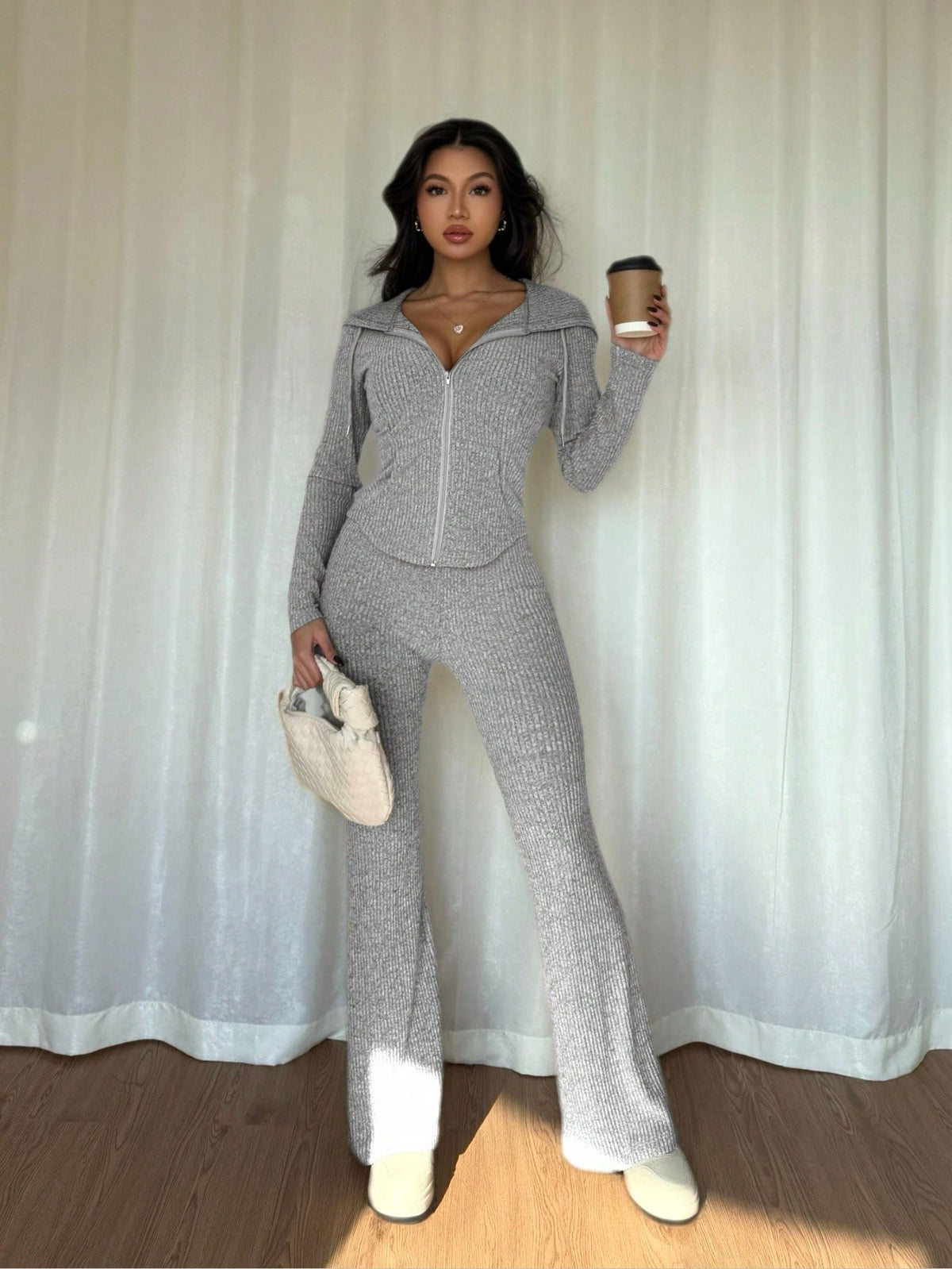 Women's Ribbed Half Zip Knit Top and Pants Matching Set