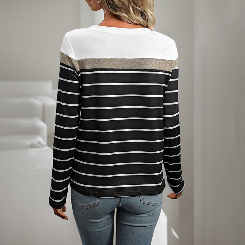 Colorblock Striped Long Sleeve Tee Casual Fall Top