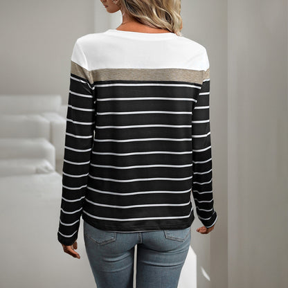 Colorblock Striped Long Sleeve Tee Casual Fall Top
