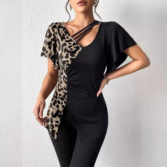 Leopard Print Asymmetric Collar Butterfly Sleeve Top