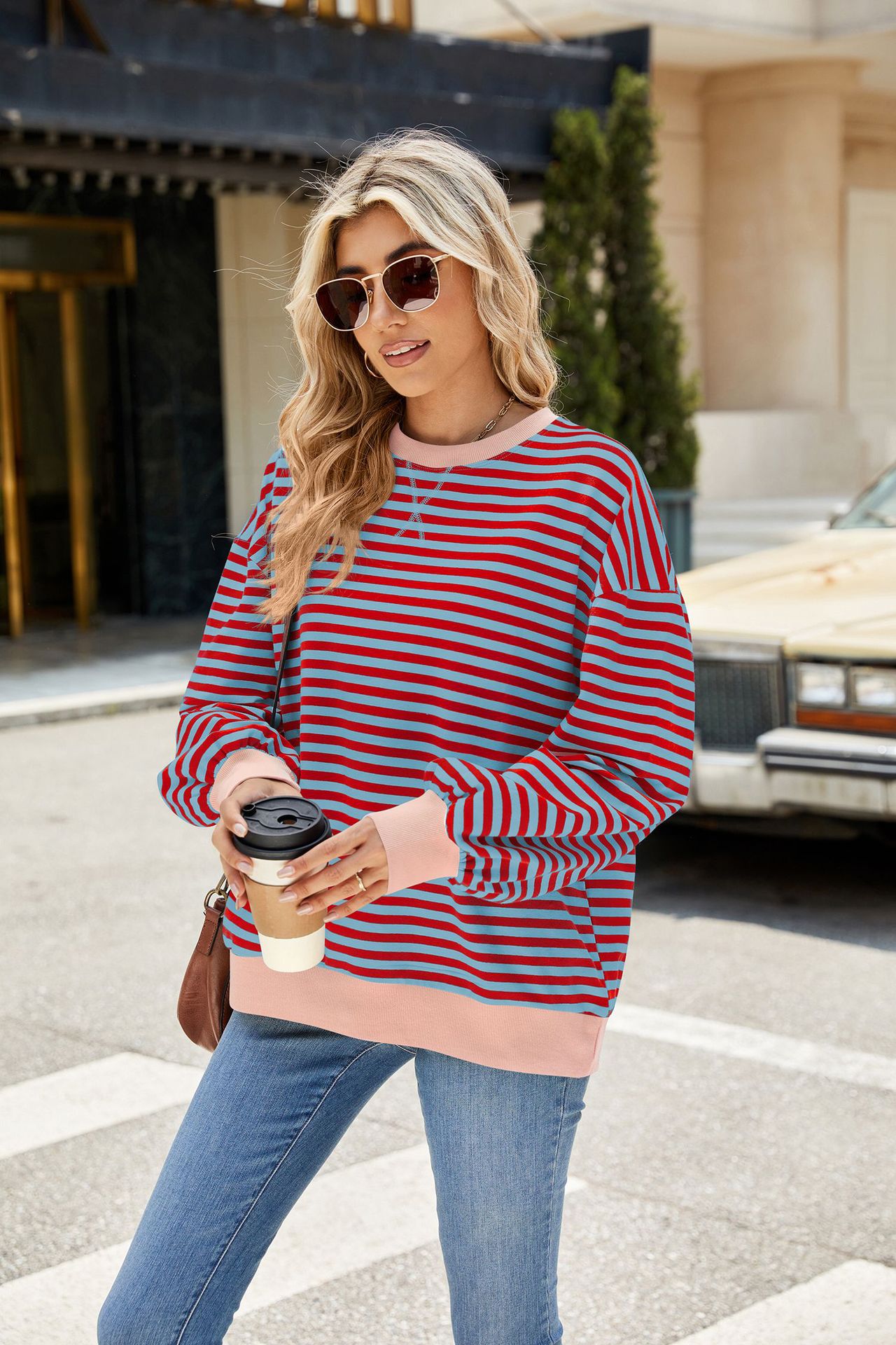 Striped Color Block Crew Neck Loose Fit Long Sleeve Sweatshirt