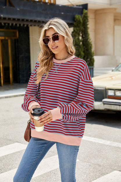 Striped Color Block Crew Neck Loose Fit Long Sleeve Sweatshirt