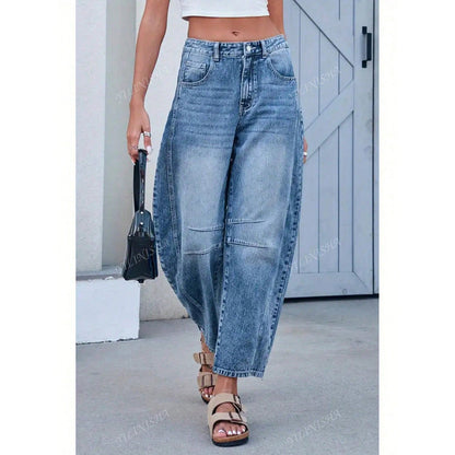 Washed Denim Wide Leg Jeans High Waist Loose Fit