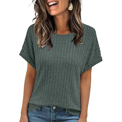 Women's Ribbed Crew Neck Short Sleeve Loose Fit T-Shirt