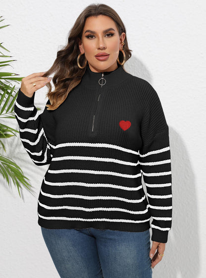 Women's Striped Splicing Love Zipper Pullover Sweater