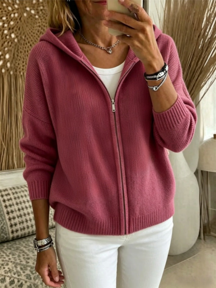 Hooded Zip Up Knit Cardigan with Drop Shoulders