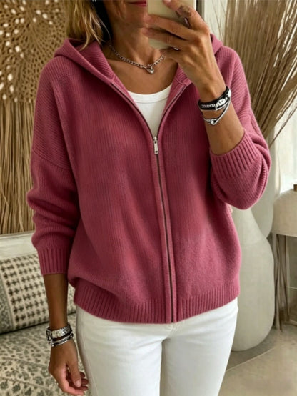 Hooded Zip Up Knit Cardigan with Drop Shoulders