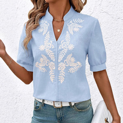 V Neck Embroidered Cotton Blouse Casual Summer Shirt