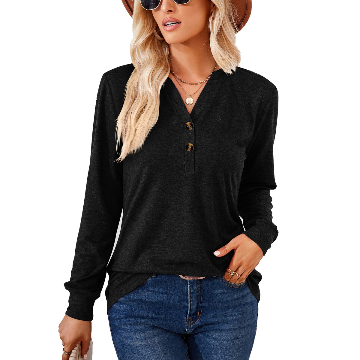 Women's Henley V Neck Long Sleeve Button Loose Tunic Top