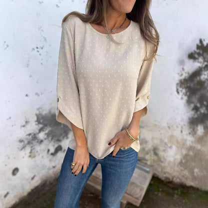 Women's Loose Swiss Dot Blouse 3/4 Sleeve Round Neck