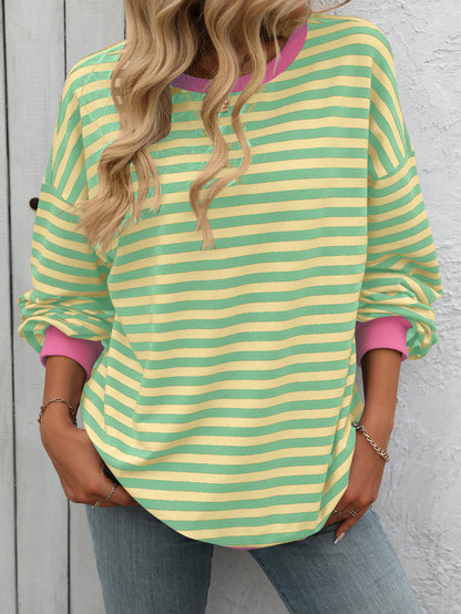 Green Striped Oversized Crewneck Sweatshirt with Pink Trim