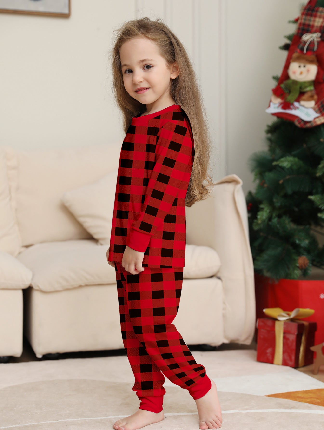 Red and Black Plaid Parent-child Printed Christmas Pajama Set