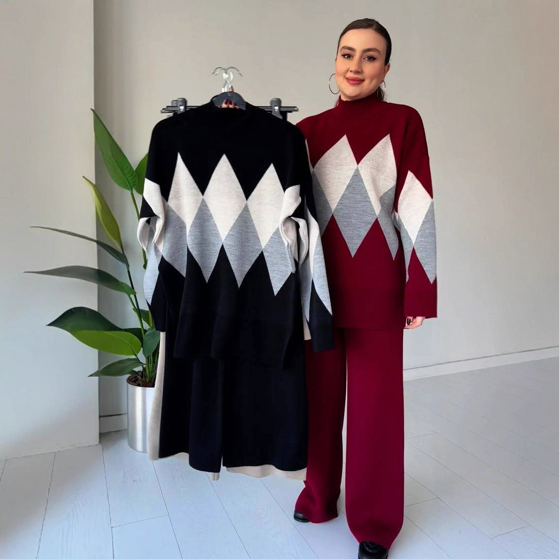 Women's Argyle Knit Sweater & Pants Two Piece Lounge Set
