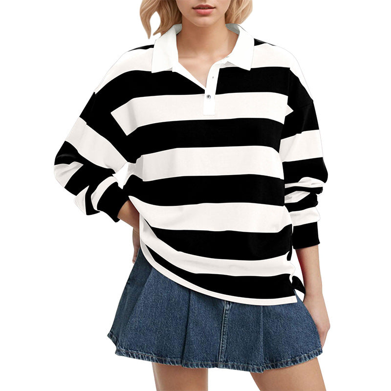 Women's Oversized Striped Polo Shirt Long Sleeve