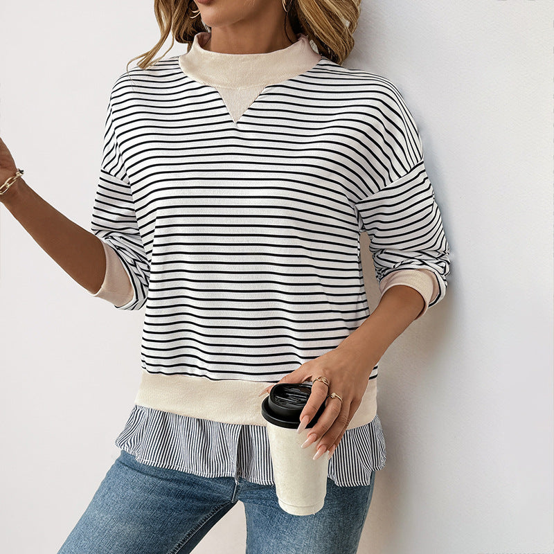 Casual Long-sleeved Crew Neck Striped Stitching Fake Two-piece T-shirt