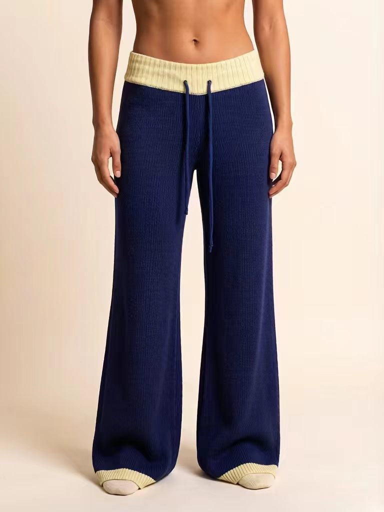 Women's Colorblock Knit Wide Leg Pants Drawstring Waist