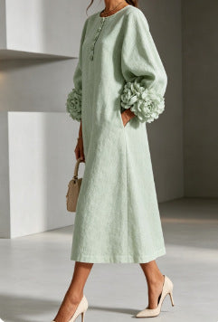 Women's Linen Midi Dress 3D Floral Cuff Button Front