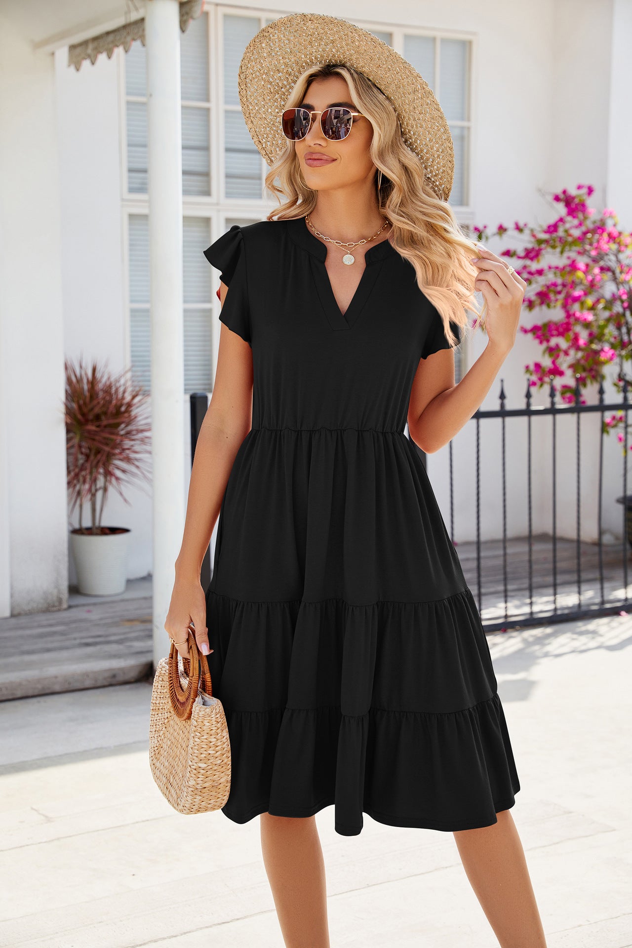 V-Neck Waist-Defined Short Sleeve Colorblock Dress