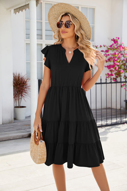 V-Neck Waist-Defined Short Sleeve Colorblock Dress