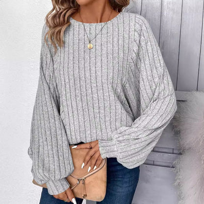 Plus Size Balloon Sleeve Ribbed Casual Fall Top