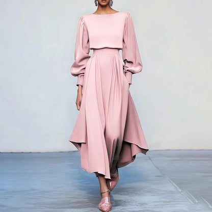 Pink Balloon Sleeve High Waist A-Line Maxi Dress