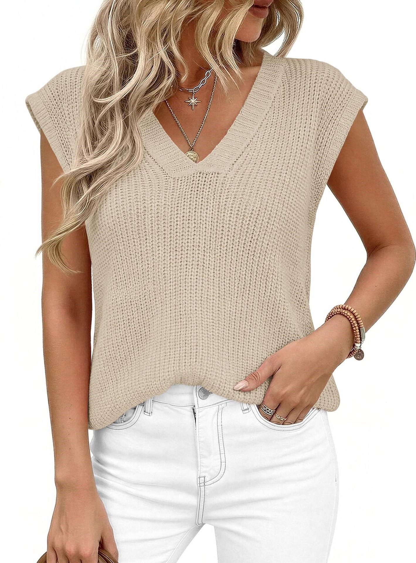 V Neck Knit Sweater Vest Sleeveless Loose Summer Top