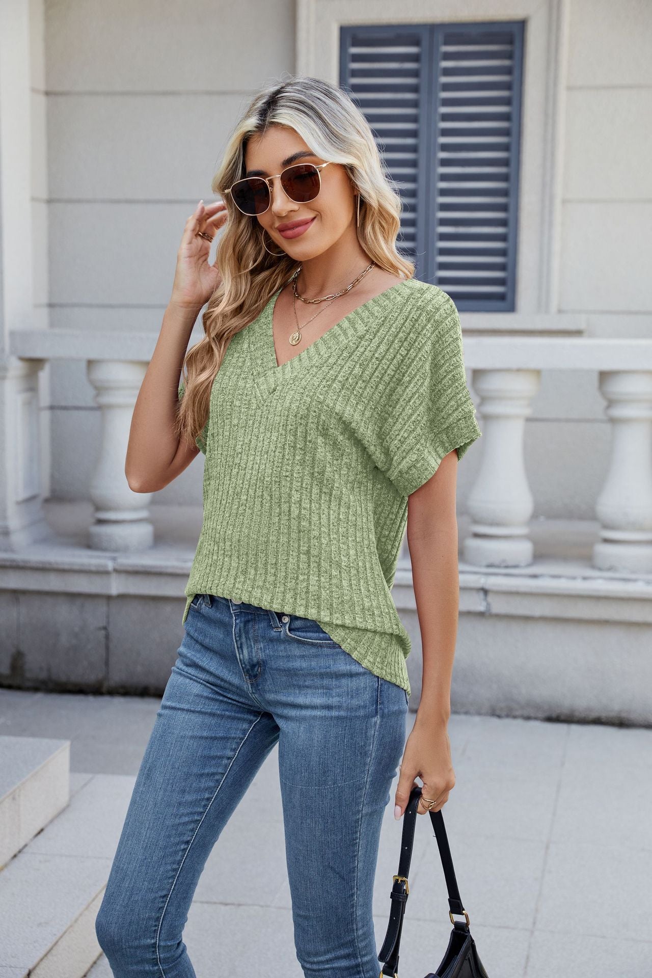Solid Ribbed Knit Top V Neck Short Sleeve Casual Tee