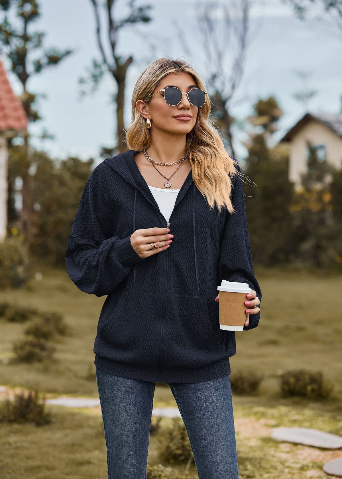 Oversized Textured Zip-Up Hoodie Jacket Pockets