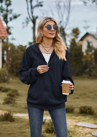 Oversized Textured Zip-Up Hoodie Jacket Pockets
