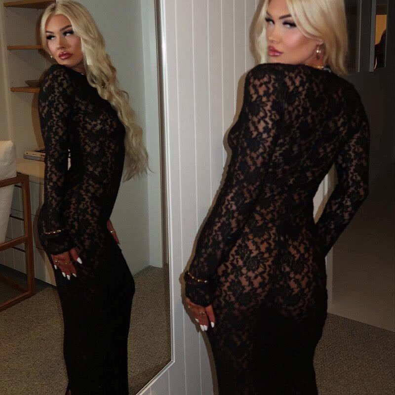 Sexy Sheer Lace Long Sleeve Bodycon Maxi Dress