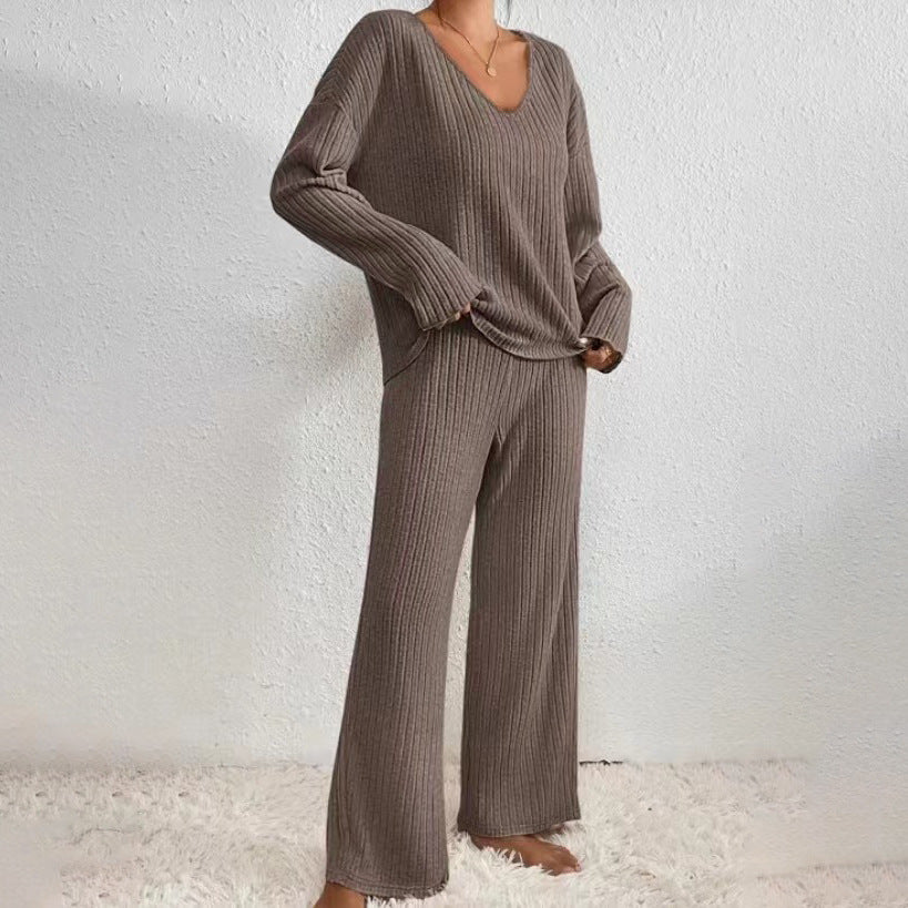 Ribbed Knit V-Neck Top Wide Leg Pants Two Piece Set